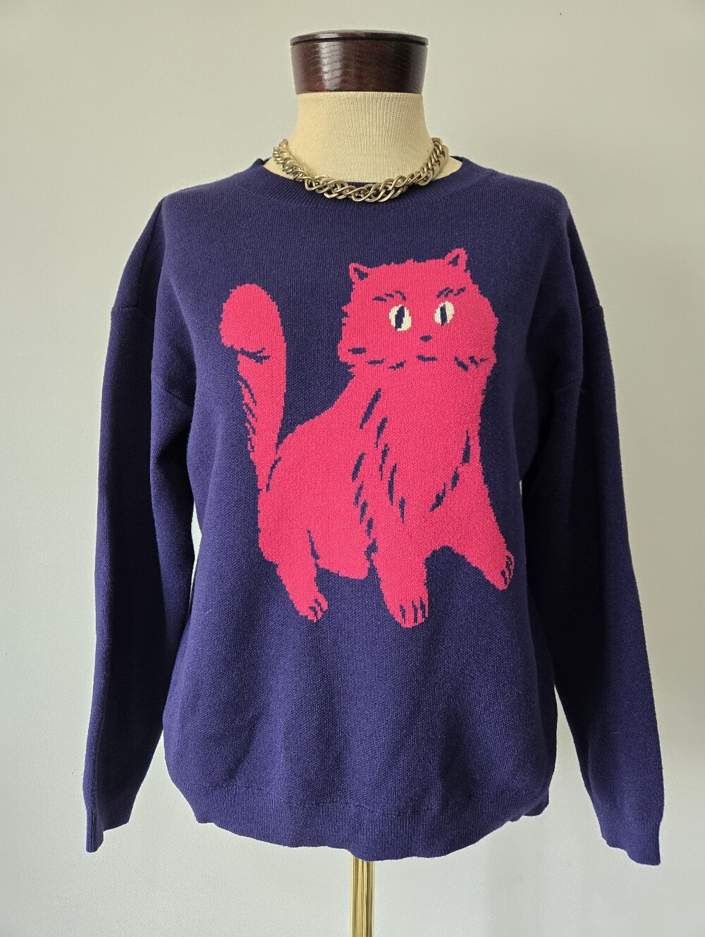 Compania Fantastica Spain Pink Cat Knit Navy Pullover Sweater. Size Small